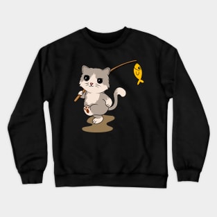 Feline Fisher: Cat with Fishing Rod and a Catch - Adventurous Tee for Cat Lovers Crewneck Sweatshirt